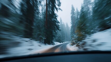 Blurry shot of a snowy road with trees in the background