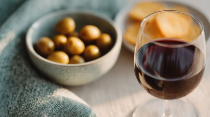 Glass of red wine is on a table with a bowl of olives
