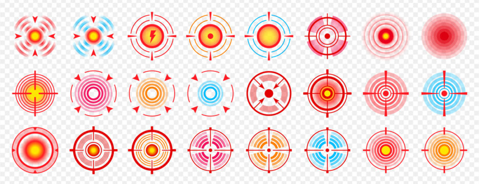 Vector set of body point pain in muscles, throat, joint, teeth, head, neck, stomach. Inflammation marker, circle painful area with red target. Sore spot or muscle spasms icons. Ache localization signs