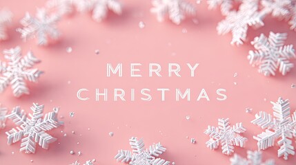 White Snowflakes and Merry Christmas Text on Pink Background