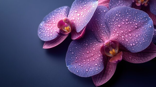 Detailed close-up of vibrant purple orchids with glistening dew drops on the petals. The dark background enhances the rich color and delicate texture of the flowers.