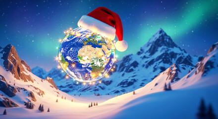 Planet earth wearing a santa hat and Christmas lights floating above snowy mountains with aurora borealis. Festive global holiday.