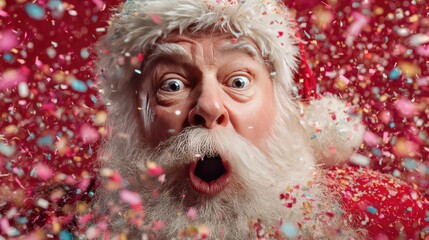 Surprised Santa Claus with Festive Confetti on Red Background