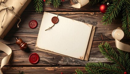 Rustic holiday scene featuring blank vintage paper with a wax seal, surrounded by evergreen branches, a wrapped gift, and candlelight, ideal for winter messages or elegant invitations