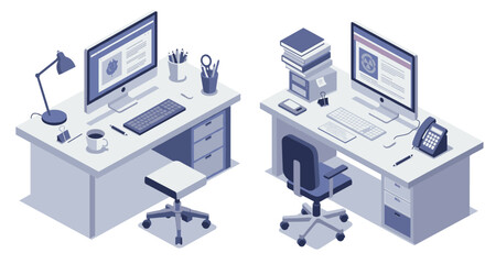 Modern isometric workspace design featuring dual computer desks and office accessories