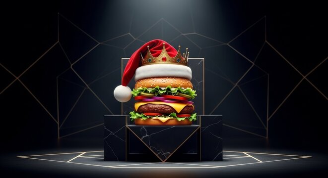 Decorated burger on a black marble pedestal with a Christmas hat and crown. Christmas food concept for holiday menu design.
