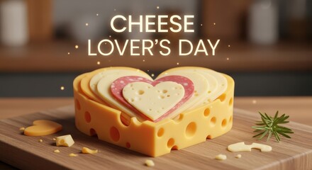 Heartshaped cheese arrangement with salami and herbs, celebrating cheese lovers day on a wooden board