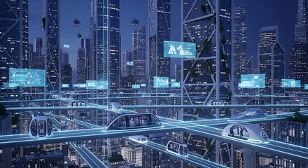 Futuristic Cityscape with Autonomous Vehicles and Advanced Technology.