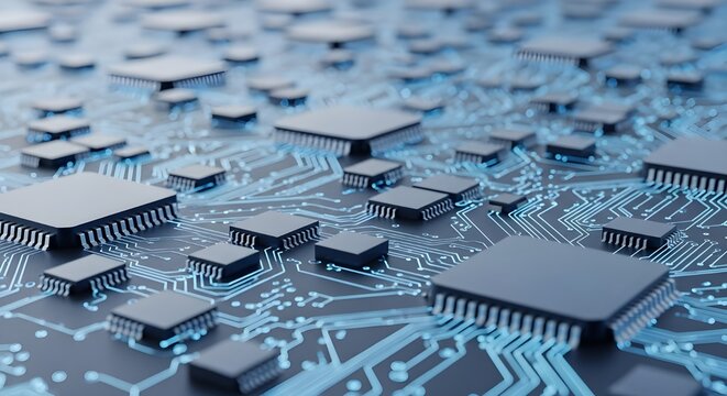 Servidor futurista de placa de circuito impreso/Procesamiento de c&oacute;digo de servidor futurista de placa de circuito.
 Fondo de tecnolog&iacute;a naranja, verde y azul con bokeh