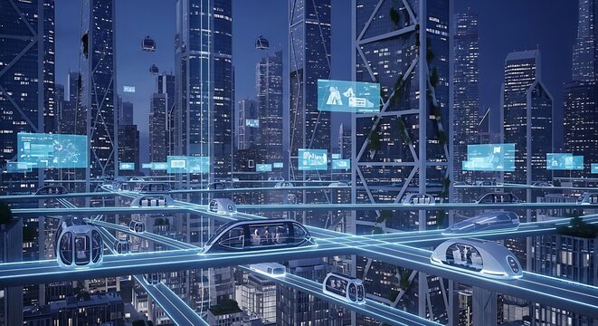 Futuristic Cityscape with Autonomous Vehicles and Advanced Technology. - Powered by Adobe
