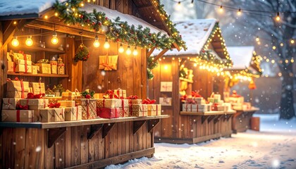 Christmas market scene. Wooden stalls with gifts. Snowy winter setting. Christmas trees and lights. Holiday shopping atmosphere. Winter wonderland. Festive decorations. Seasonal market.