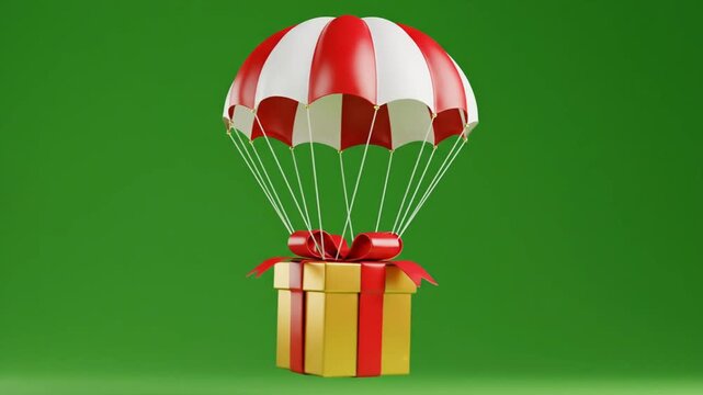 Seamless Looping 3D Render of a Golden Christmas Gift Box Parachute Landing on Green Screen for E-commerce Delivery and Holiday Marketing
