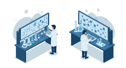 Obraz premium Scientists in laboratory analyzing molecular structures on interactive screens