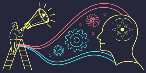 Inspiring business leadership ideas, concept shows leader on ladder shouting through megaphone with gears and innovation inside head, originally a vector