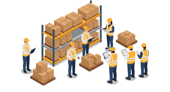 Warehouse team inventory management process with workers handling boxes and checking lists