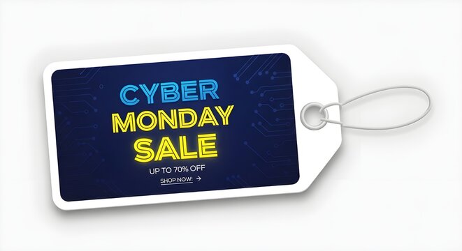 White “CYBER MONDAY SALE UP TO 70% OFF INSTORE” tag with dark blue center—clean, bold, and built for retail urgency.
