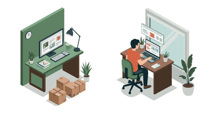 Isometric office and remote workspaces with computer desks and plants