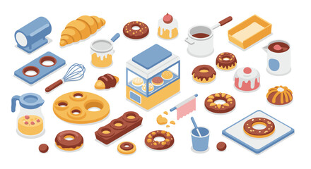 Isometric bakery elements: assorted baked goods and kitchen utensils for culinary design