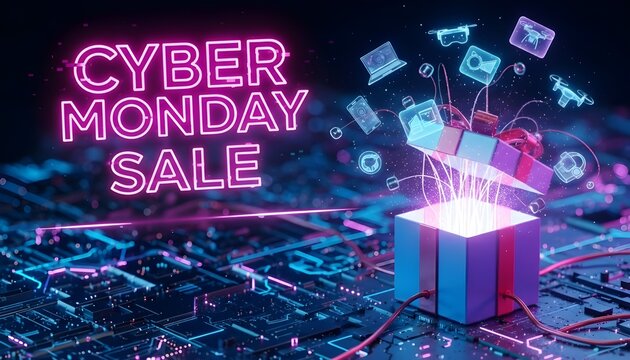 Neon pink “CYBER MONDAY SALE” with glowing gift box and digital icons—futuristic, festive, and built for online buzz. - Powered by Adobe