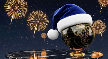 Globe with blue Santa hat and golden fireworks, representing New Year and Christmas celebration around the world. Global holiday event concept.