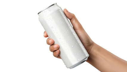 Hand holding a blank white aluminum beverage can mockup isolated on a transparent background, ideal for drink branding, packaging design, product presentation, and advertising