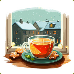 Vector illustration of a cozy cup of tea with orange and gingerbread cookies by the window on a snowy evening, isolated on a white background