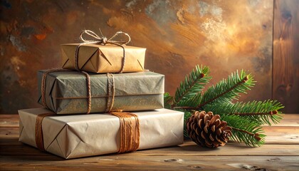 Beautifully wrapped Christmas presents with pine cones and festive greenery on a rustic wooden background