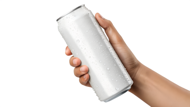 Hand holding a blank white aluminum beverage can mockup isolated on a transparent background, ideal for drink branding, packaging design, product presentation, and advertising