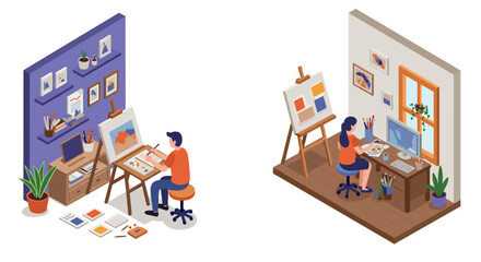 Obraz premium Creative workspace duo: artists in modern home studios
