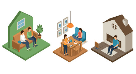 Naklejka premium Isometric family life: relaxing at home with cozy spaces and daily activities