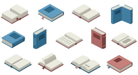 Isometric collection of open and closed books in blue and red tones
