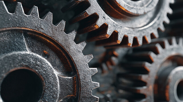 A close-up shot of industrial gears meshing together, demonstrating machinery