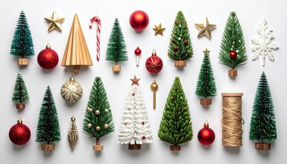 Christmas tree icons. Holiday decoration elements. Red ornaments, gold stars, candy canes. Vector illustration of Christmas trees, ornaments, and decorations on white background. Festive