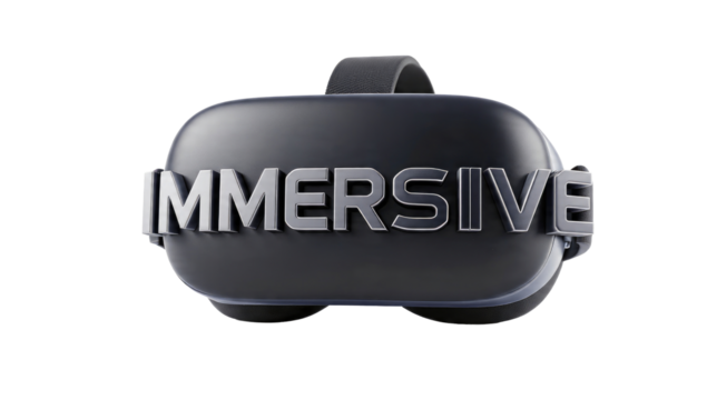 A sleek black VR headset with 'IMMERSIVE' in prominent 3D silver letters, representing virtual reality experiences. background removed