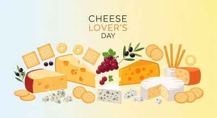 Assortment of cheese types, crackers, olives, and grapes for cheese lovers day