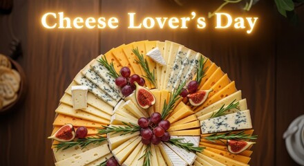 Elegant cheese board with various cheeses, fruits, and herbs for cheese lovers day