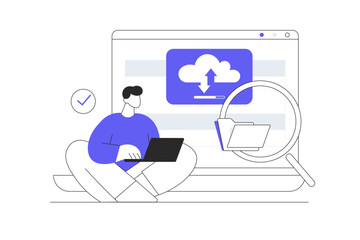 Document management, file transferring, cloud computing. Uploading, internet hosting, online digital file storage system. Flat Cartoon Vector Illustration, icon Stylish abstract design landing page 