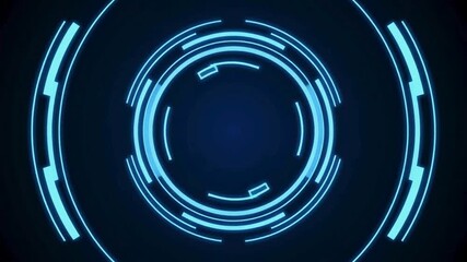 A futuristic sci-fi circular user interface with glowing blue neon lines, representing a high-tech portal or targeting system on a dark background - Powered by Adobe