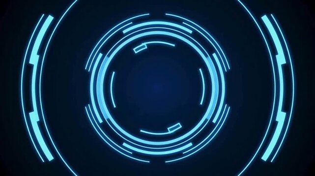 A futuristic sci-fi circular user interface with glowing blue neon lines, representing a high-tech portal or targeting system on a dark background