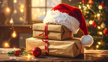 Stack of Christmas presents with Santa hat. Wrapped gifts with red ribbons. Christmas tree and lights in background. Holiday decorations. Winter festive scene. Gift boxes on table.