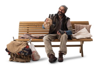 Homeless Man Sitting on Wooden Bench Drinking Wine from bottle and Smiling on White Background
