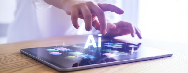 Embracing the AI Era: A human hand interacts with a tablet displaying AI, symbolizing the dawn of intelligent technology and digital transformation.
