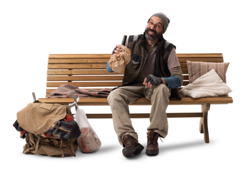 Homeless Man Sitting on Wooden Bench Drinking Wine from bottle and Smiling on White Background