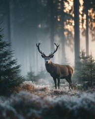 Naklejka premium Majestic Red Deer Stag with Large Antlers in Misty Autumn Forest at Dawn