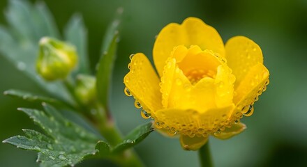Vibrant Yellow Buttercup Flower with Water Droplets in Natural Setting.