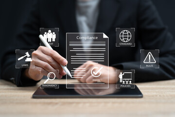 Compliance business concept, Businesswoman Reviewing Documents Accepting Compliance Conditions, Digital Regulation, Ensuring Adherence to Laws, Corporate Policies, Standards, Organisational Governance