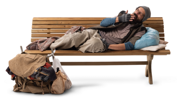 Homeless Man Yawning on Wooden Bench before lying on White Background