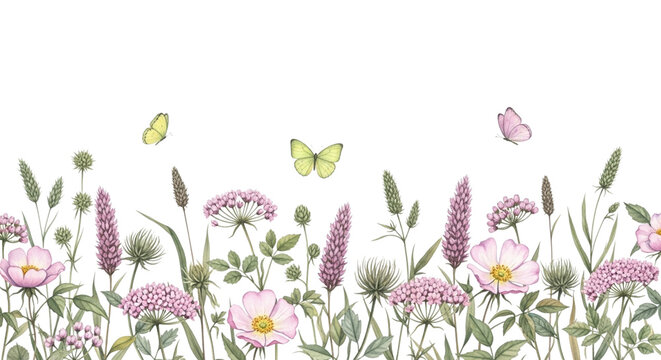 Watercolor border of delicate pink wildflowers and butterflies on a clean transparent background, perfect for spring and summer design