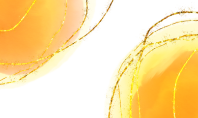 Abstract watercolor wash with golden swirls on white background