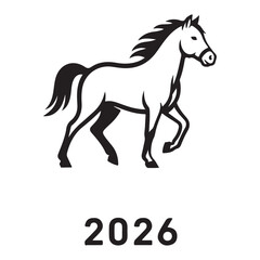 Stylized Black and White Horse Illustration with Year 2026 Graphic